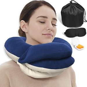 BUYUE Travel Neck Pillows for Airplanes, 360° Head Support Sleep for Long Flight, Skin-Friendly & Breathable, Kit with 3D Contoured Eye Mask, Earplugs and Storage Bag (Adult, Navy Blue, 100+ lbs)