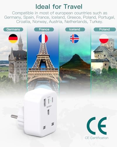 UK to European Plug Adapter with 3 USB Ports(2 USB C), EU Schuko Travel Adaptor for Germany France Spain Turkey Russia Iceland Greece Poland Portugal Austria Netherlands(Type E/F) - Image 5