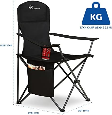 SUNMER Set of 2 Folding Camping Chairs, Extra-Wide Lightweight Outdoor Chairs with Armrests, Cup Holder and a Side Pocket, 120kg Capacity per Chair - Black - Image 3