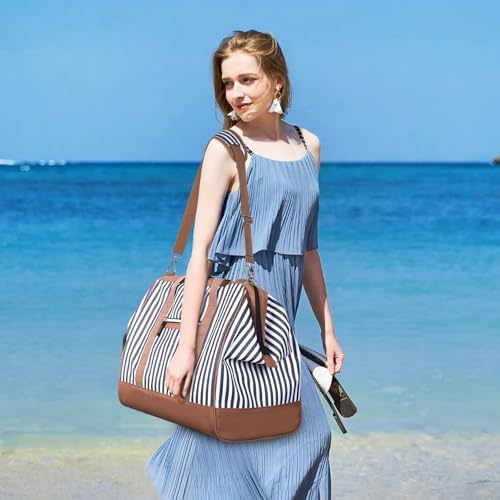 Lekesky Weekend Overnight Bags for Women - 33l Top Large Opening Travel Duffles Bag, Holdall Bag for Airlines with Shoes Compartment (White Stripes,42 * 33 * 24cm) - Image 2