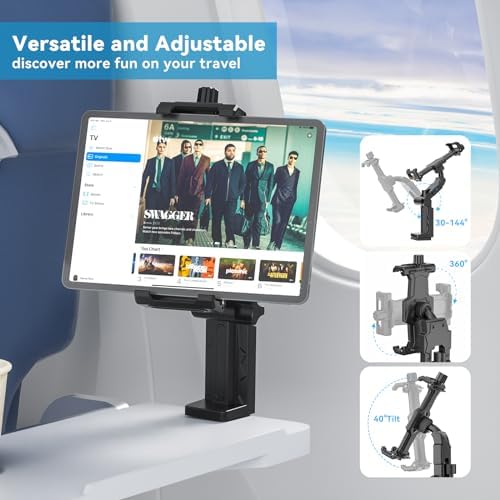 Airplane Tablet Holder Mount, Adjustable Travel Essentials iPad Phone Stand with 360 Degree Rotation, Portable Tesla Model 3/Y Car Headrest Mount Compatible with iPad, Phone, Switch - Image 2