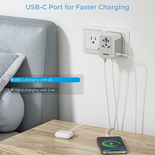 TESSAN Universal Travel Adapter 28W, Worldwide Plug Adaptor with 2 USB A and 3 USB C Ports, International Travel Adapter for EU, UK, USA, AU, Power Socket Charger for Multi Countries, Grey White - Image 2
