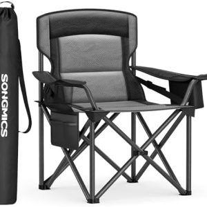 SONGMICS Camping Chair, Folding Outdoor Chair with Cup Holder, for Fishing, Foam Padding, Foldable, Weight Capacity 205 kg, High Backrest, Ink Black GCB066B01