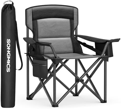 SONGMICS Camping Chair, Folding Outdoor Chair with Cup Holder, for Fishing, Foam Padding, Foldable, Weight Capacity 205 kg, High Backrest, Ink Black GCB066B01