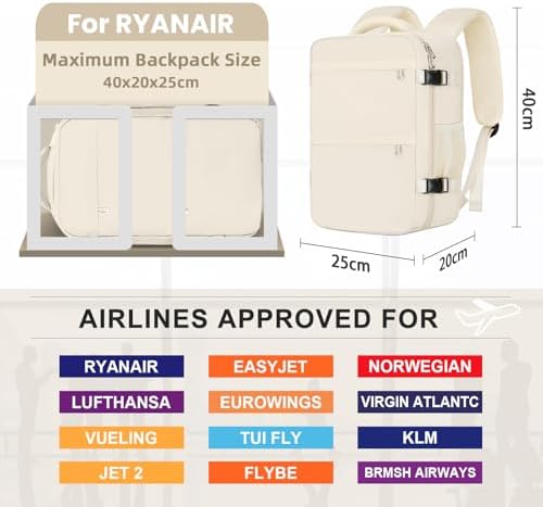 Cabin Bags 40x20x25 for Ryanair, Small Underseat Carry-ons Bag Hand Luggage Bag Travel Backpack Cabin Size 20L Fit 14 Inch Loptop Bags for Women Men with Trolley Sleeve - Beige - Image 2