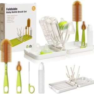 YOTIME Travel Bottle Brush Set, Travel Bottle Cleaner Kit with Foldable Bottle Drying Rack, for Visit Friends and Relations, Baby Travel Essentials, BPA Free - White