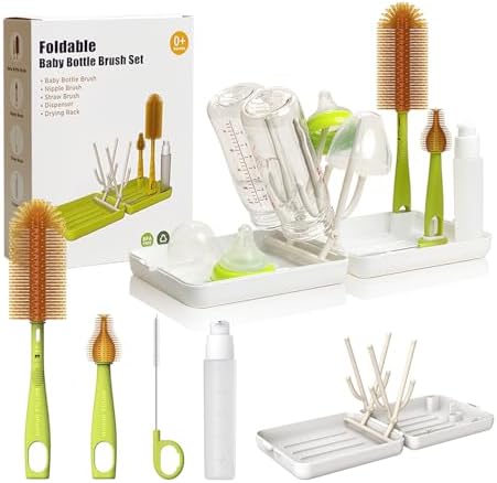 YOTIME Travel Bottle Brush Set, Travel Bottle Cleaner Kit with Foldable Bottle Drying Rack, for Visit Friends and Relations, Baby Travel Essentials, BPA Free - White