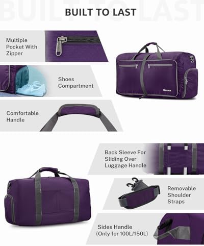 60L Travel Duffel Bag Foldable Water Resistant Travel Bag Lightweight Duffel Bag with Big Capacity for Luggage Gym Sports Purple - Image 3