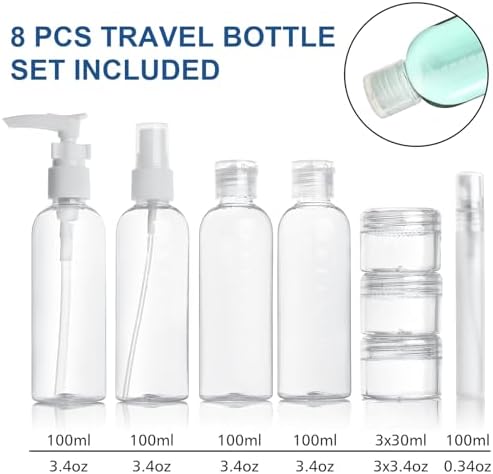 Toiletry Bag Women & Men | Clear Toiletry Bag |Toiletry Bag Set with 8 Bottles(max.3.4oz/100ml) 1 Flight Security Liquid Bag| Approved by EU & UK Luggage Rules - Image 3