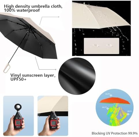 Compact Folding Umbrella Carabiner Handle Coating Layer Fabric /Car/Small Travel portable Backpack/Lightweight Portable/Rain Sun Anti UPF 50 Blocking UV Protection 99.9%/Men Women Kids - Image 5