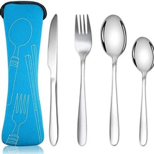 Cutlery Set with Portable Pouch Case, Stainless Steel Flatware Camping Utensil Set with Neoprene Bag for Outdoor Travel Picnic Office School Lunch Box (Sky Blue)