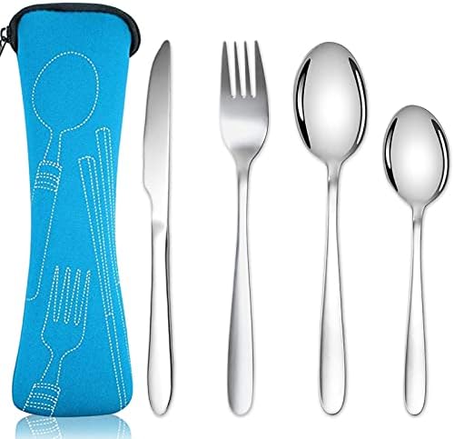 Cutlery Set with Portable Pouch Case, Stainless Steel Flatware Camping Utensil Set with Neoprene Bag for Outdoor Travel Picnic Office School Lunch Box (Sky Blue)