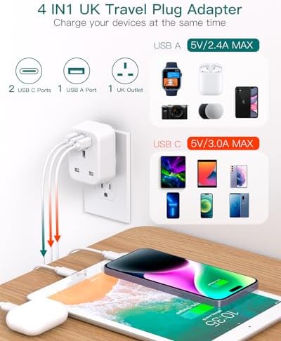 UK to US Plug Adaptor, USA Travel Adapter with 1 USB & 2 USB C Ports for American, Canada, Thailand, Mexico, Colombia Grounded Charger, 4 in 1 Plug Adapter from UK to USA for Phone, Computer (Type B) - Image 3