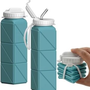 Collapsible Water Bottle with Straw, Silicone Foldable Portable Water Bottles 610ml Lightweight Reusable Leakproof for Travel Camping Hiking Cycling Yoga Sports