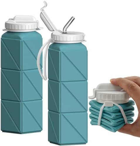 Collapsible Water Bottle with Straw, Silicone Foldable Portable Water Bottles 610ml Lightweight Reusable Leakproof for Travel Camping Hiking Cycling Yoga Sports