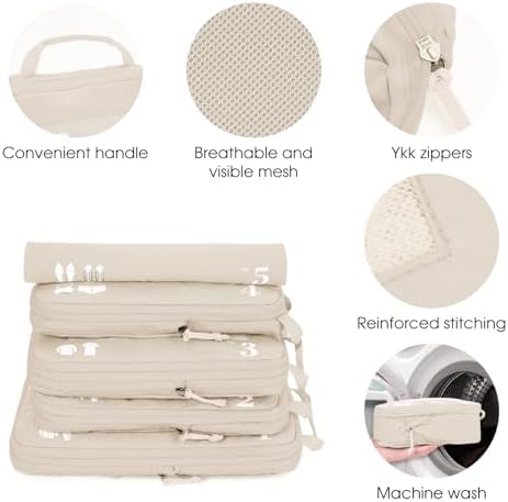 ECOHUB 5 Set Compression Packing Cubes for Suitcases Organiser Bags Travel Accessories with Shoes Bag Tear-resistant Travel Cubes with ID Tag Expandable Packing Bags(Beige) - Image 7