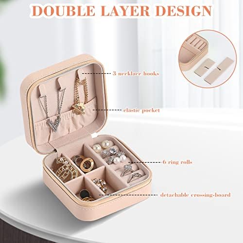 Jewellery Box for Women, Mini Portable Jewelry Box Organiser,PU Leather Jewlerrying Display Holder, Small Travel Jewellery Box for Girls, Women, Mother, Daughter,Lotus Root Starch (12UF010I) - Image 3