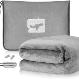 flintronic Travel Blanket and Pillow, 2 in 1 Airplane Blanket with Eye Mask and Ear Plugs, Compact Office Blanket, Lightweight & Portable Pillow for Adults, Kids,Long Flights and Trains (Grey)
