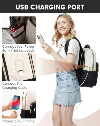 LOVEVOOK Laptop Backpack Womens,15.6 Inch Rucksack Bag for Women,School College Travel University Back Pack,Lightweight Large Work Bags with USB Charging Port, Ladies Backpacks, Black Beige - Image 5