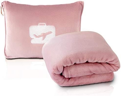 EverSnug Travel Blanket and Pillow - Premium Soft 2 in 1 Airplane Blanket with Soft Bag Pillowcase, Hand Luggage Belt and Backpack Clip (Light Pink)