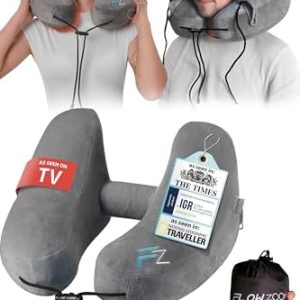AIR Inflatable Travel Pillow for Airplane - Hooded Neck Pillow for Travel - Inflatable Travel Neck Pillow - Plane Pillow - Neck Cushion - Flight Pillow - Travel Neck Pillows - Grey