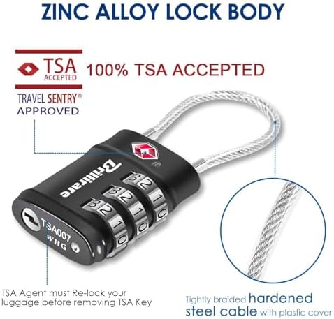 2 Pack TSA Approved Luggage Locks, Combination Travel Cable Lock, 3-Digit Waterproof Padlock, Zinc Alloy Outdoor Keyless Resettable Lock for Travel, Lockers, Bags, Backpack, Gym, Gate-by Brillirare - Image 3