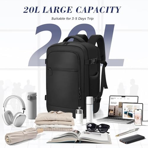 for Ryanair Cabin Bags 40x20x25 Underseat Travel Backpack Carry-Ons Hand Luggage Cabin Bag Size 20L, Daypack School Office Bag with USB Port, Trolley Sleeve, Anti Theft Pocket - Black - Image 3