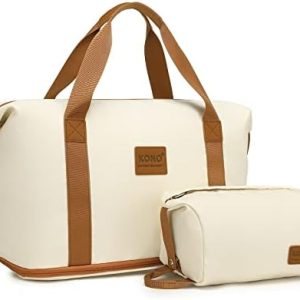 Kono Travel Duffel Bag Expandable Overnight Weekend Bags for Women with a Cosmetic Pouch Dry and Wet Seperated Water Resistant Carry On Hand Luggage Sports Gym Hospital Tote 36L (Beige/Brown)