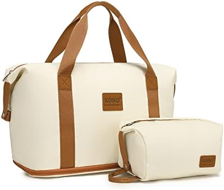 Kono Travel Duffel Bag Expandable Overnight Weekend Bags for Women with a Cosmetic Pouch Dry and Wet Seperated Water Resistant Carry On Hand Luggage Sports Gym Hospital Tote 36L (Beige/Brown)