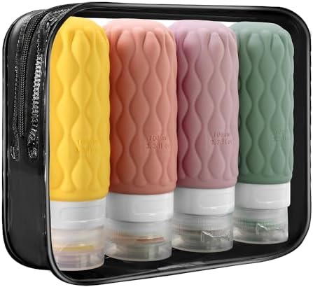 100 ml Silicone Travel Bottles for Toiletries with Labels/Clear Bag, Holiday Travel Essentials Leakproof Refillable Squeeze Travel Size Containers Set for Shampoo and Conditioner