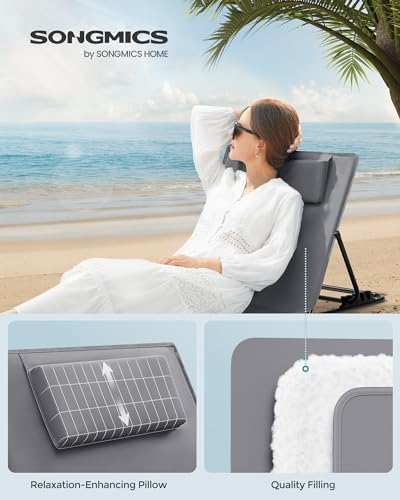 SONGMICS Set of 2 Folding Beach Sunloungers, Deck Beach Chairs Mats, Reclining Backrest, Lightweight Portable with Handle, for Camping Garden Pool, 158 x 55 cm, Slate Grey GCB251G01 - Image 2