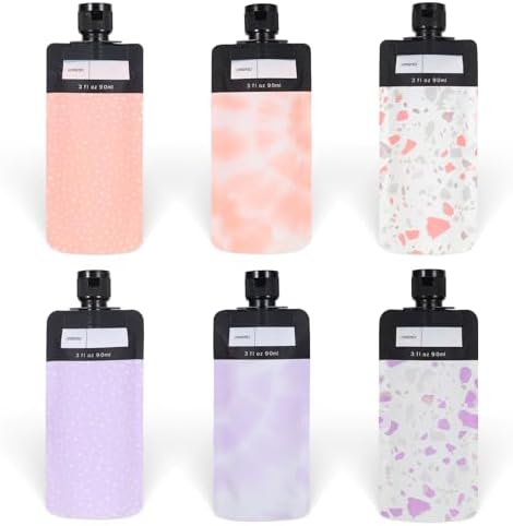 Sibba 6 Pcs Leak Proof Empty Squeeze Pouches 3 oz Portable Shampoo Liquid Container Refillable Travel Size Containers TSA Approved Travel Bottles Makeup Packing Bag for Lotion Face Cream Hand Soap
