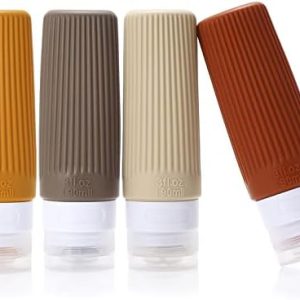 Travel Bottles for Toiletries,BPA Free,90ml Silicone Leak Proof Refillable Portable Squeeze Empty Accessories Travel Size Liquid Cosmetic Lotion Shampoo Conditioner Bottles Containers(4 Pack Brown)