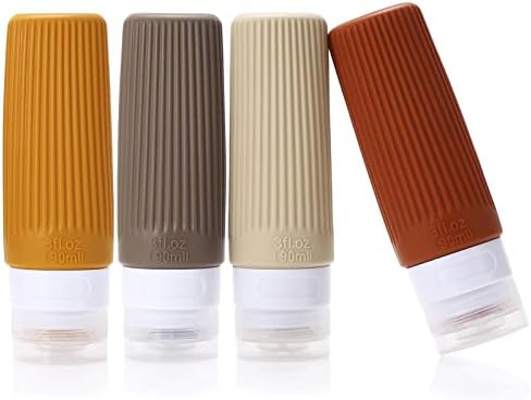 Travel Bottles for Toiletries,BPA Free,90ml Silicone Leak Proof Refillable Portable Squeeze Empty Accessories Travel Size Liquid Cosmetic Lotion Shampoo Conditioner Bottles Containers(4 Pack Brown)