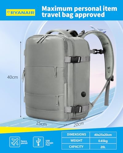 Samfolk Cabin Bags Travel Backpack Carry On Bag Cabin Backpack 11 Pockets Hand Luggage Backpack(Grey, 40x20x25) - Image 2