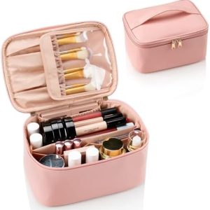 Travel Makeup Bag, Portable Cosmetic Bag with Makeup Brushes Organiser Large Capacity Toiletry Bags Holiday Essentials for Women, Pink