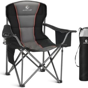 ALPHA CAMP Camping Chairs for Adults Heavy Duty Camping Chair Up to 200 kg Folding Camp Chair with Cup Holder and Cooler Bag for Outdoor Picnic Fishing, Lightweight and Portable, Black