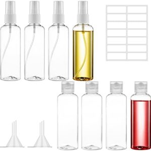8 Pcs 100ml Plastic Bottles Travel Bottles for Toiletries, Refillable Transparent Liquid Containers Bottle with Funnels and Labels for Travel or Cosmetic (4 spray bottles Perfume +4 Flip Cap Bottles)