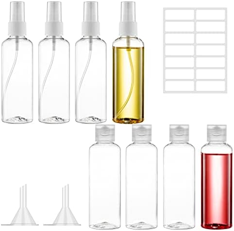 8 Pcs 100ml Plastic Bottles Travel Bottles for Toiletries, Refillable Transparent Liquid Containers Bottle with Funnels and Labels for Travel or Cosmetic (4 spray bottles Perfume +4 Flip Cap Bottles)