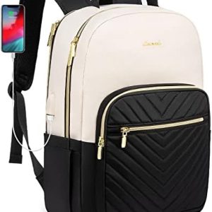 LOVEVOOK Laptop Backpack Womens,15.6 Inch Rucksack Bag for Women,School College Travel University Back Pack,Lightweight Large Work Bags with USB Charging Port, Ladies Backpacks, Black Beige