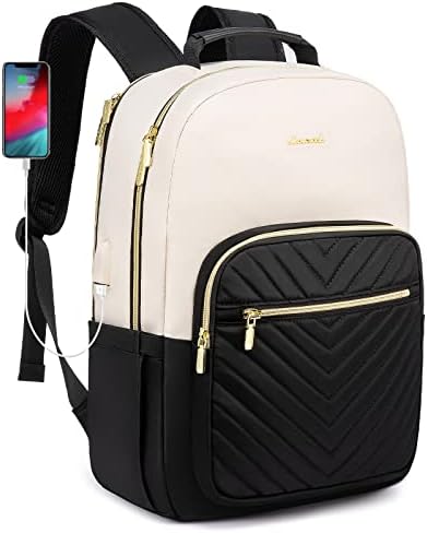 LOVEVOOK Laptop Backpack Womens,15.6 Inch Rucksack Bag for Women,School College Travel University Back Pack,Lightweight Large Work Bags with USB Charging Port, Ladies Backpacks, Black Beige