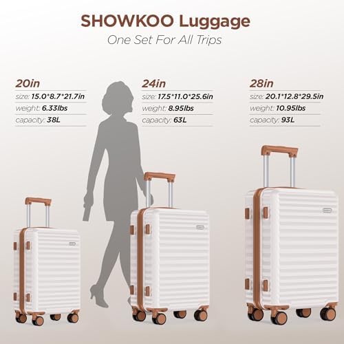 SHOWKOO Suitcase Sets 3 Piece Expandable Hardshell 100% PC Lightweight Carry on Travel Hand Luggage with Double Spinner Wheels & TSA Lock, Beige White - Image 4