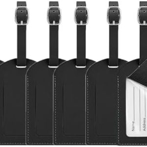 Luggage Tags, 6 Pcs Leather Suitcase Labels Travel Luggage Tag with Name ID Card Baggage Labels Tags for Luggage Bags Backpacks Cruise Waterproof Travel Accessories(Black)
