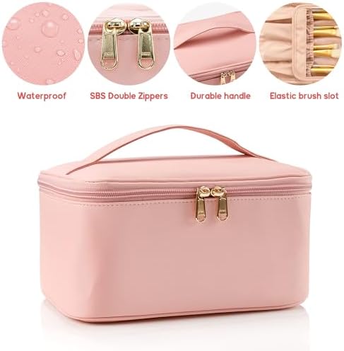 Travel Makeup Bag, Portable Cosmetic Bag with Makeup Brushes Organiser Large Capacity Toiletry Bags Holiday Essentials for Women, Pink - Image 2