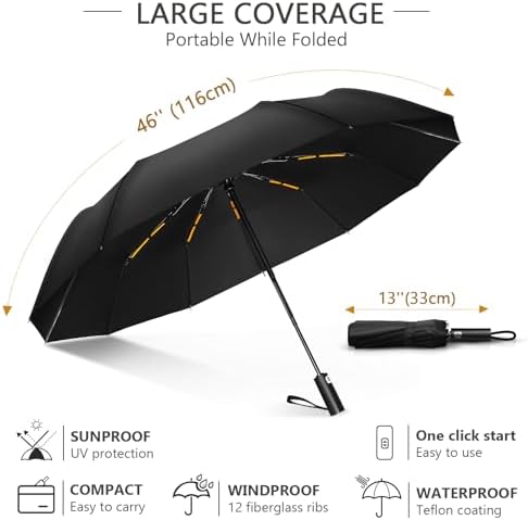 Umbrella, Windproof Travel Umbrella - Compact Automatic Folding Umbrellas for Rain, 12 Ribs Wind Resistant Portable Umbrellas for Single Hand Use, Small,Light, Strong Backpack Umbrella, Black - Image 2