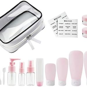 Pink Toiletries Leak Proof Travel Bottle Set (16 Pack), TSA Approved Airline Carry-On with Clear Bags for Women