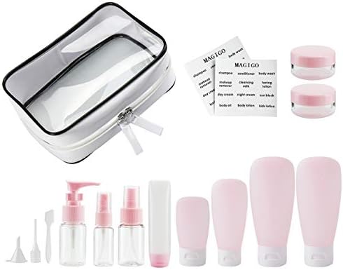 Pink Toiletries Leak Proof Travel Bottle Set (16 Pack), TSA Approved Airline Carry-On with Clear Bags for Women