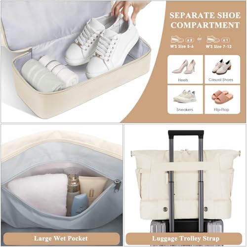 ETRONIK Gym Bag Womens, Sports Travel Duffel Bag with USB Charging Port, Weekend Overnight Bag for Women with Wet Pocket and Shoes Compartment, Hospital Bag, Beige - Image 5
