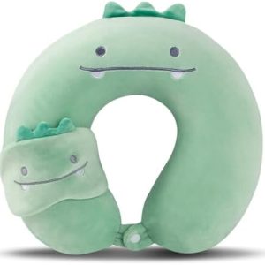 Travel Pillow Kids Travel Pillow with Sleep Eye Mask Cute Neck Pillow for Travel Soft Memory Foam Travel Neck Pillow for Adults and Kids Airplane Sleeping Travel and Camping (green dinosaur)
