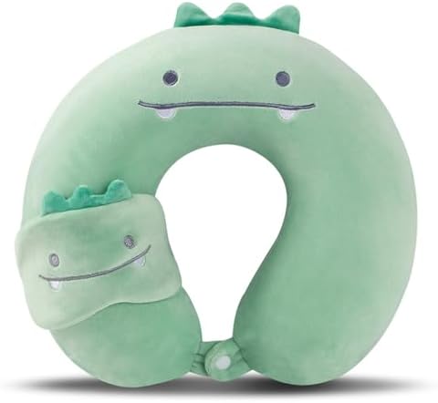 Travel Pillow Kids Travel Pillow with Sleep Eye Mask Cute Neck Pillow for Travel Soft Memory Foam Travel Neck Pillow for Adults and Kids Airplane Sleeping Travel and Camping (green dinosaur)